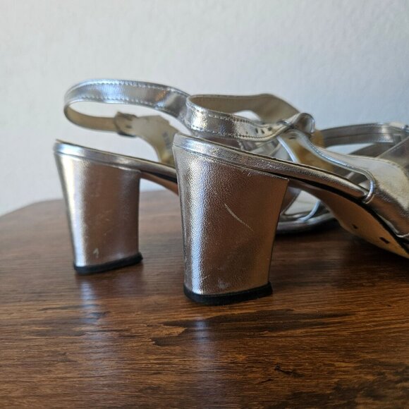 Vintage 70s Womens Silver Leather Strappy Sandals Heels Disco ABBA Size 6.5 - Picture 7 of 10